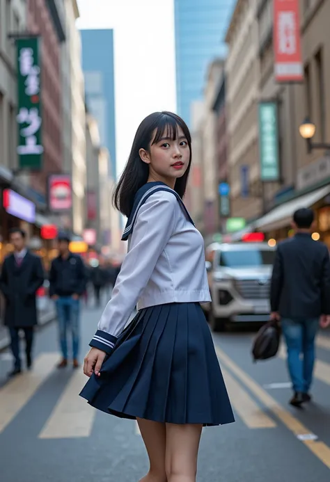 a girl in a sailor uniform, detailed uniform, sailor collar, pleated skirt, walking on a crowded city road, (best quality,4k,8k,...