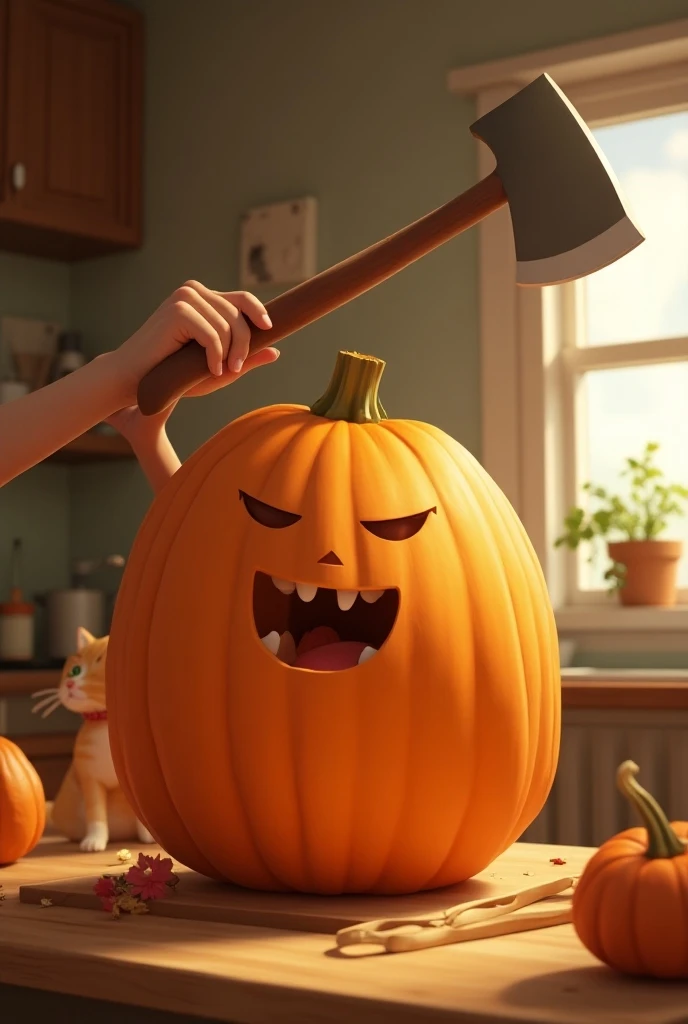 （masterpiece、high quality、High image quality、4K、８k ) 、 、 lively and funny scene 。 looks pretentious and determined 、 with a large axe raised high above my head 、 is a picture of the moment you cut an oversized pumpkin on a cutting board 。Mother、 while expr...