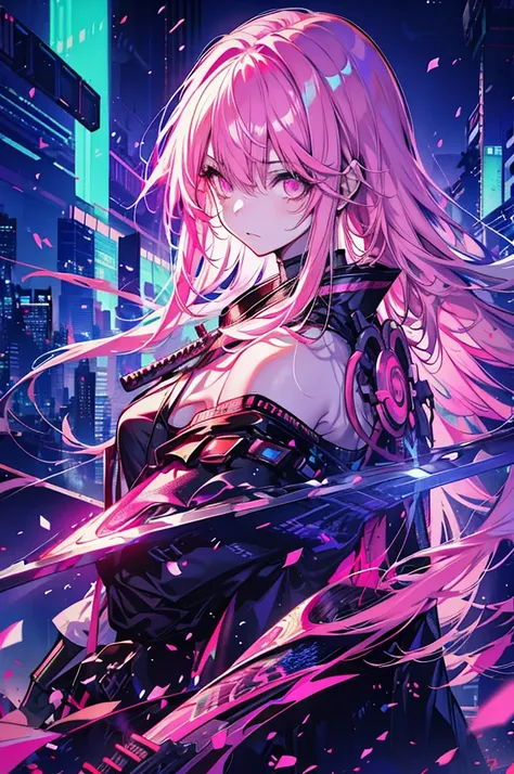 "Cyberpunk samurai long hair girl with neon eyes at night in Tokyo city, Close-up shot shots, long hair, Carrying a sword on his back, Infused with bright pink style."long hair,