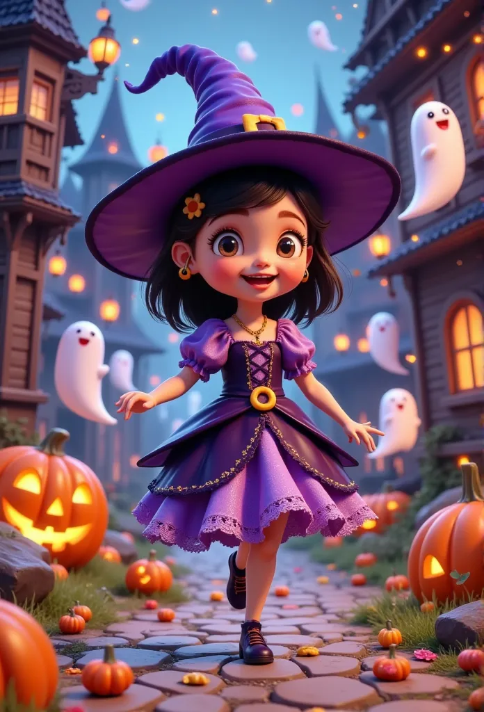 3d model。3d rendering。scary atmosphere， cute witch kid on the run，gorgeous princess dress。crazy candy grabber ghost 。colored can...