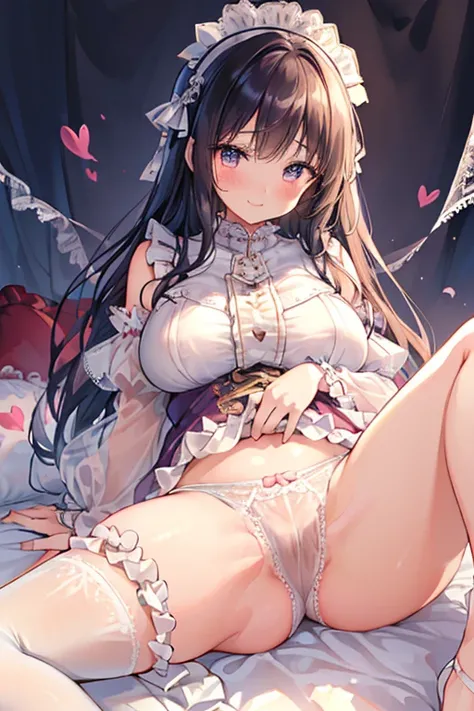 8k、 best quality 、  Maximum Clarity and Clarity  、  very detailed  、Beautiful art、  very detailed 、 textured skin 、 A kind smile、Maternal、  plump butt  、trembling、Erotic face、see-through clothing 、Large Breasts、(((  Luxurious Ruffles and Delicate Embroider...