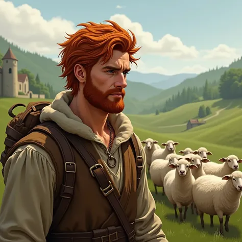 Make a handsome red-haired man of good looks and good presence who was a shepherd of sheep approximately when he was young 