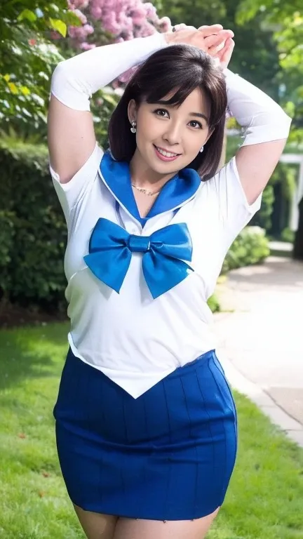 mature japanese woman in white t-shirt, white skin,(curvy body:1.5),(mer1, tiara, sailor senshi uniform, blue sailor collar, bow...