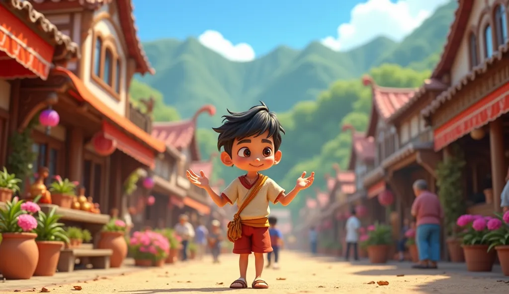 Kai the young boy  helping people in the village and leading them to prosperity. 4k, HD, Disney Style, Vibrant Colours, Cinematic,  Pixar