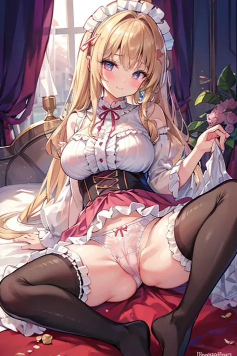 8k、 best quality 、  Maximum Clarity and Clarity  、  very detailed  、Beautiful art、  very detailed 、 textured skin 、 A kind smile、Maternal、  plump butt  、trembling、Erotic face、see-through clothing 、Large Breasts、(((  Luxurious Ruffles and Delicate Embroider...