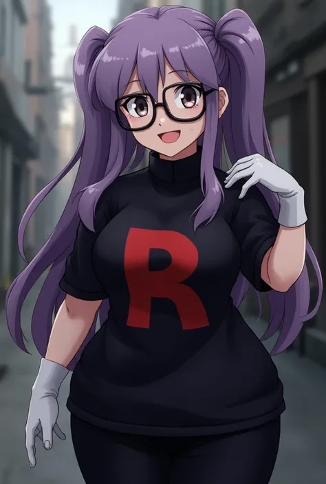 1 male, femboy, dressed up as team rocket with long purple hair and a chubby belly, wearing black glasses, highest quality, masterpiece