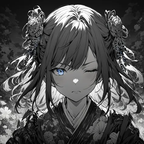 1girl, beautiful anime style portrait, blue monochrome, oriental wallpaper, pink, emotional, highly anime style, japanese samura...