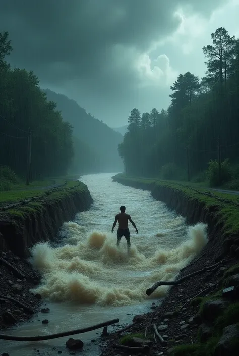A summer heavy rainstorm causes a road to collapse near a river, with rushing floodwater eroding the ground. A person is stranded in the water near the collapsed area, swept by the fast-flowing river. The sky is dark and stormy, with intense rainfall and d...