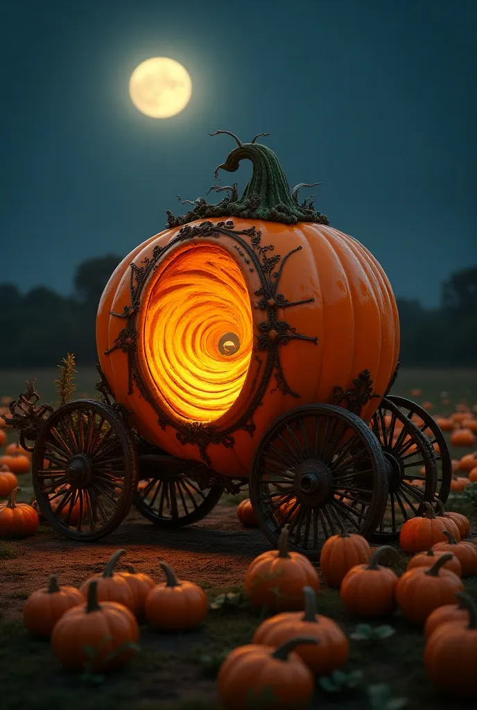 (( Cinderella movie ))、Western carriage ,Pumpkin, has iron wheels,The inside is hollow,Spiral light,Western Garden,Pumpkinの畑,night