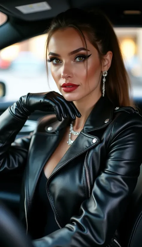 beautiful 20 year old brunette office girl wearing shiny leather leggings, shiny black leather top, shiny black leather jacket, shiny black leather gloves, shiny black leather thigh high boots with 11cm heels and black pantyhose, shine black womens bag, br...