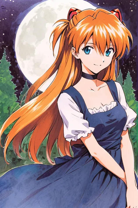 water colour painting, Sohryu Asuka Langley, 1girl, solo, long hair, orange hair, bangs, hair between eyes, two side up, hair ornament, interface headset, blue eyes, open smile, black choker, dirndl dress, woodlands background, full moon in the background,...