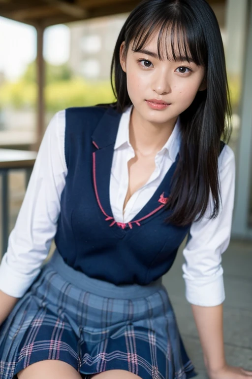 arafed asian girl in a school uniform sitting with spreading legs on the ground, cute schoolgirl,droppy big blue eyes, wearing japanese school uniform, cleavage,japanese school uniform, cleavage,of a schoolgirl posing, japanese girl school uniform,cleavage...