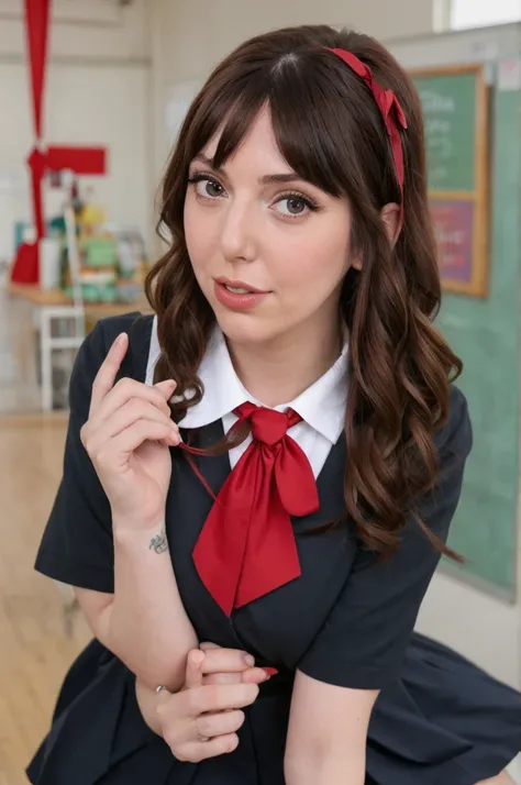 laurenphillips, 1girl, ahoge, black hair, aqua eyes, red ribbon, school uniform, sobu high school uniform