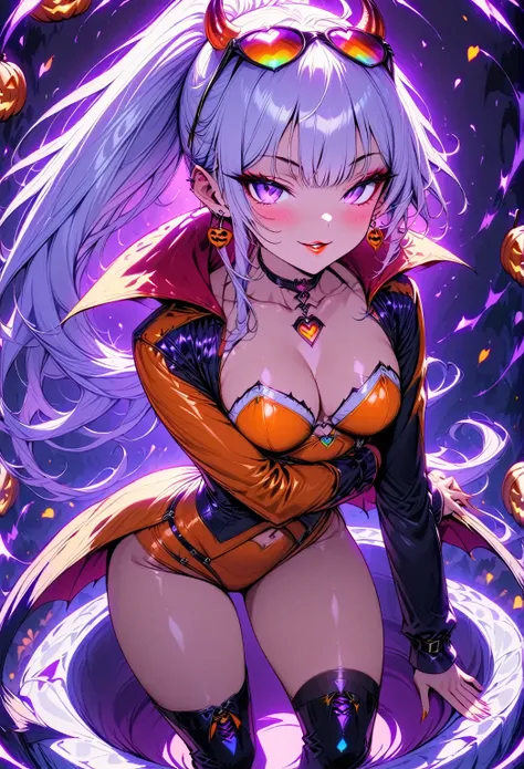  young beautiful woman,(Best Quality,Very detailed depiction, Incredible High Resolution, Sharp Teeth Like a Beast ,High quality anime drawings),(Halloween little devil),(Succubus Costume,orange latex costume, wearing sunglasses on her head, earrings with ...