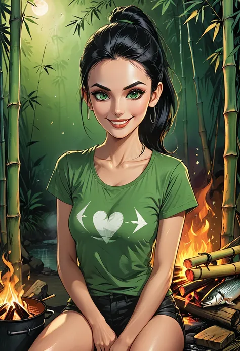 ((open mouth)),happy, smile, (close up portrait), night,portrait smile girl in a green t-shirt sitting by the fire and frying fi...