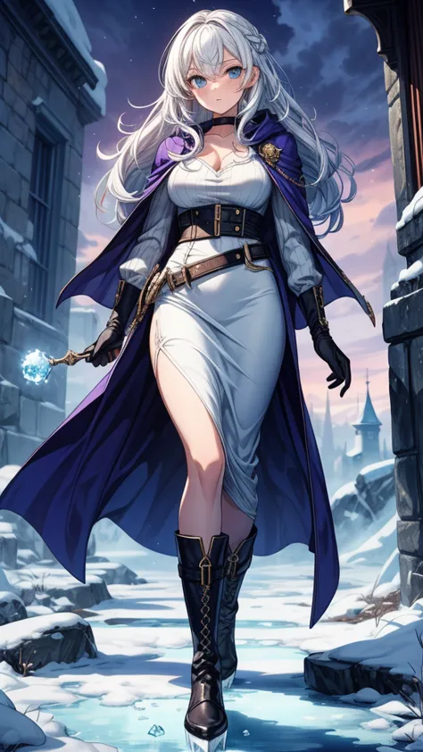 ((masterpiece, best quality:1.3, high detail)), beautiful serious woman looking at viewer, long wavy hair, (white hair), hairpin, bright blue eyes, dark blue, (white blouse long sleeves), coat, (blue midi pencil skirt), ((long skirt)), belt, gloves, boots, collarbone, ((atmospheric, magic, ice)), stone, snowy ruins, purple sky, (blue cloak), fantasy, lower body, 