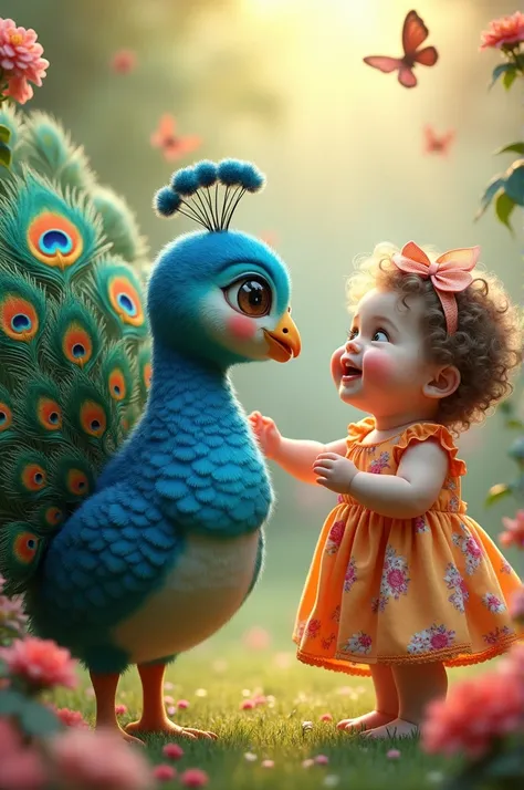 A chubby Peacock and cute chubby Baby "A hyper-realistic digital rendering of a chubby peacock beside a cute big chubby baby girl, dressed in a bright floral dress with a matching hairband. The baby, around one year old with soft curls and a fascinated exp...