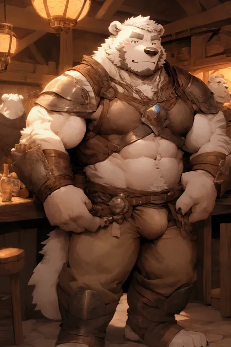 Fuzzy, polar bear, man,  muscular, sperrig, medieval, mercenary, Tavern , brown pants, bulge,  visible abdominal muscles ,  upper body free leather armor, , scarred body ,  High resolution ,  high quality