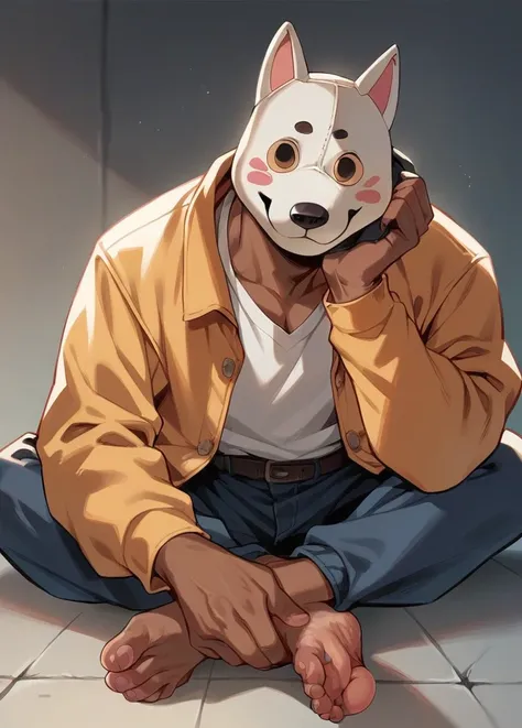 School bad boy wearing dog mask, dark skinned
Showing feet 
Smiling