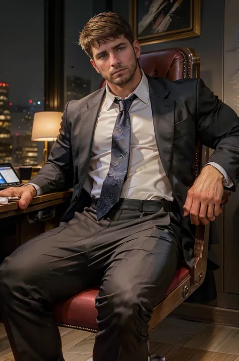 photo of a man, (2nt13:1.2), necktie, open dress shirt, dress pants, muscular, stubble, mature, cinematic lighting, sitting in a...