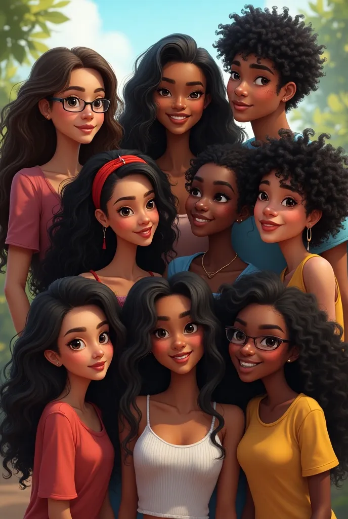  Create the image of a group of 7 friends .
 The first must have long wavy hair with bangs and also wear glasses .
 The second must have black power red hair .
 The third must have short curly hair ,  most of the hair must be black ,  but with some bluish green locks and be tall , with wide hips.
 The fourth must have long black curly hair and a black sign near her nose and left eye.
 The fifth must be very short ,  with a more massive body and have smooth and long black hair .
 The Friday must have medium black hair with a lot of wavy ,  but it will not be curly and also have a smile Radiant .
 The seventh must be tall , with a medium body mass ,  have short curly hair and black .