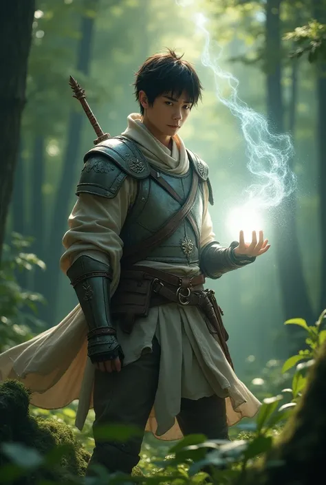 Fantasy World Adventurer。Protecting Magic。The light of the rising aura 。２０Year old Japanese man。European-style light equipment。The magic of the barrier that covers the body。 arrow bouncing back against the barrier。In the woods。