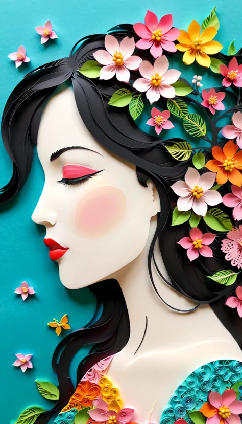 (Paper art, Layered paper art, Paper quilting, Paper cut, Paper sculpture), Zentangle, Spring, Cherry blossoms (Beautiful woman profile, eyes closed:1.3), (Flowers:1.2), Colorful