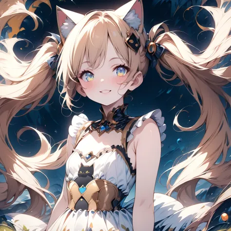 absurd,anime,detailed and beautiful eyes,(art),(artistic clothing:1.5),cat costume, sleeveless,blonde, twin tails,smile,(a girl:...