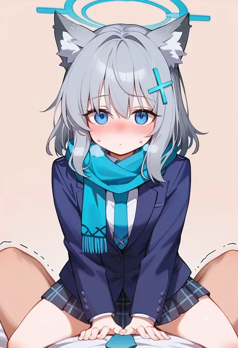 sand wolf shiroko、 blue archive 。  blue eyes , grey hair,  hair ornament, hairpi,  medium straight hair, wolf ears,  plaid skirt...