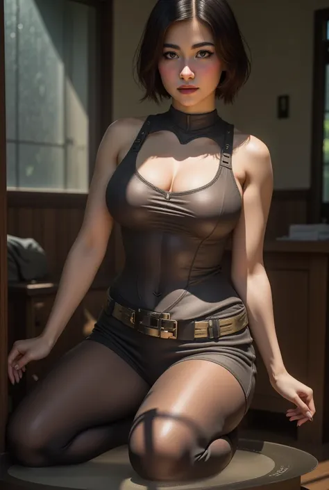 elisa as a metal gear solid character, thick stockings,  thin waist, enormous waist,  small waist ,  cinematographic , naked bre...