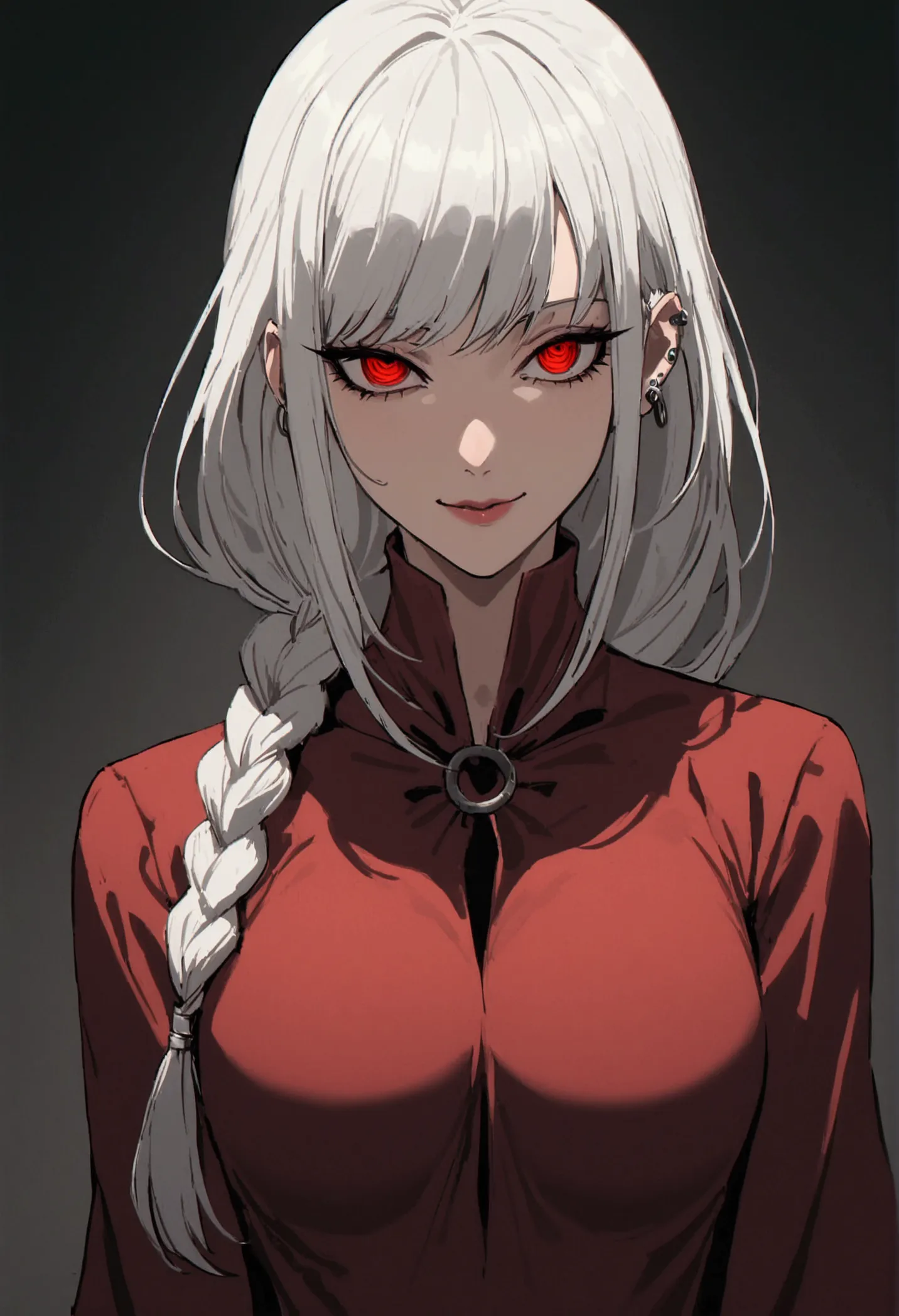 sexy cultist, woman, seductive smile, white hair, long hair, single braid, piercing eyes, upper body shot