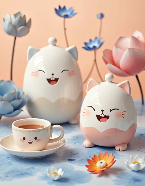 cute background , pottery with cute faces,  smooth pottery with cute faces