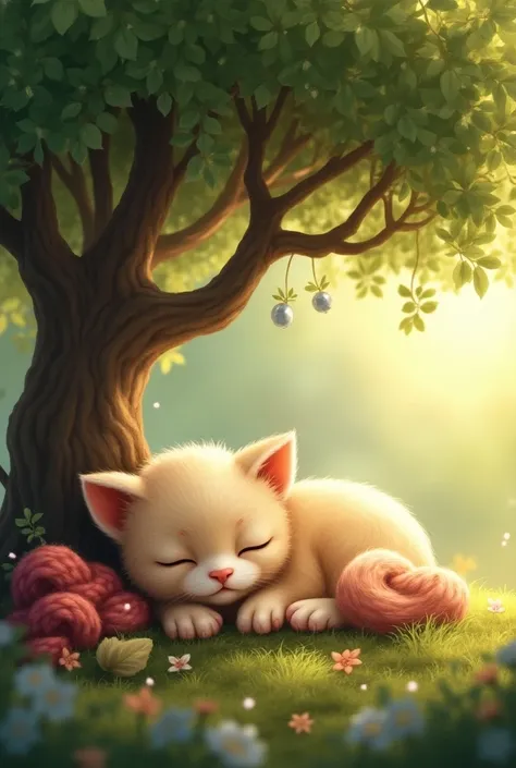  Detailed art  ,Very detailed ,small tree  , a triangular kitten sleeps under a tree , coils of wool next to  ,small grass ,Sunlight shines in 