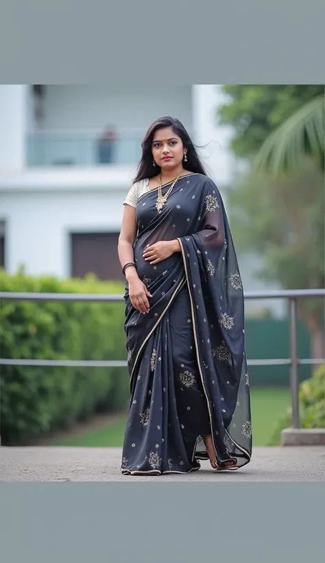 kerala female Reshma in home.kerala Reshma is young and average sized body perfectly fit body figure with big breast cleavage and indian fair skin tone and black hair.kerala Reshma is Wearing  black printed saree and sleeveless white colour blouse.Realisti...