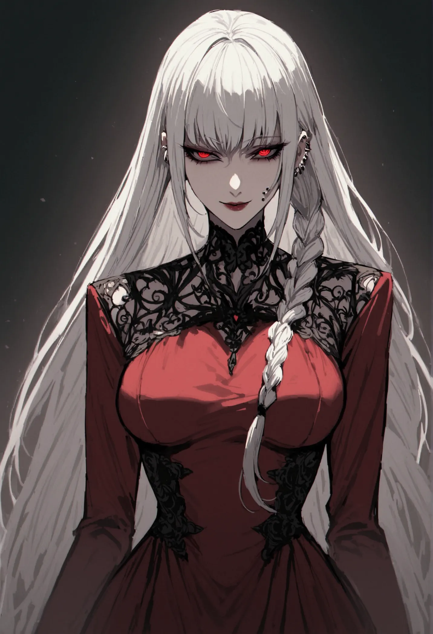 sexy cultist, woman, seductive smile, white hair, long hair, single braid, piercing eyes,tall, imposing, beautiful, perfect, evi...