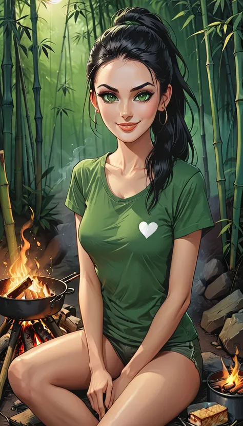 ((open mouth)),fullbody, smile, (close up portrait), night,portrait smile girl in a green t-shirt sitting by the fire and frying...