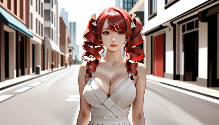 VOCALOID, very long hair, side top pigtails, red curly hair, bangs, slim body, very large breasts, ball shaped breasts, cleavage, red eyes, hair between the eyes, very long hair, red hair, nice legs, drill curls, beautiful Japanese woman, five fingers, rea...