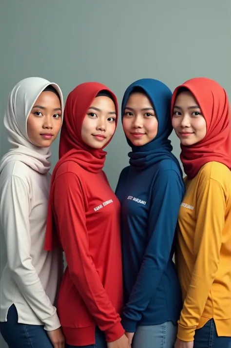 Make a picture of four beautiful Indonesian women wearing headscarves.

1. A beautiful Indonesian woman in a hijab is wearing a white long-sleeved t-shirt with *Yuli* written on it.
2. A beautiful Indonesian woman in a hijab is wearing a red long-sleeved t...