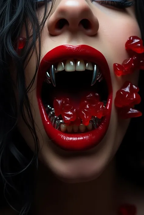 A close-up shot of a figures mouth with sharp, metallic teeth and a glossy, red lips. lipgloss,The mouth is surrounded by dark, flowing strands, possibly representing hair or some form of liquid. There are also red crystalline structures scattered around, ...