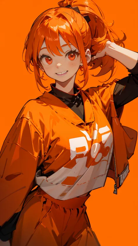 1 girl 、 orange clothes、 orange hair holding、 ponytail、 red eyes、smile