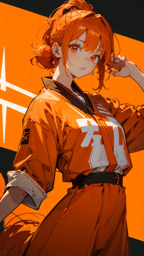 1 girl 、 orange clothes、 orange hair holding、 ponytail、 red eyes