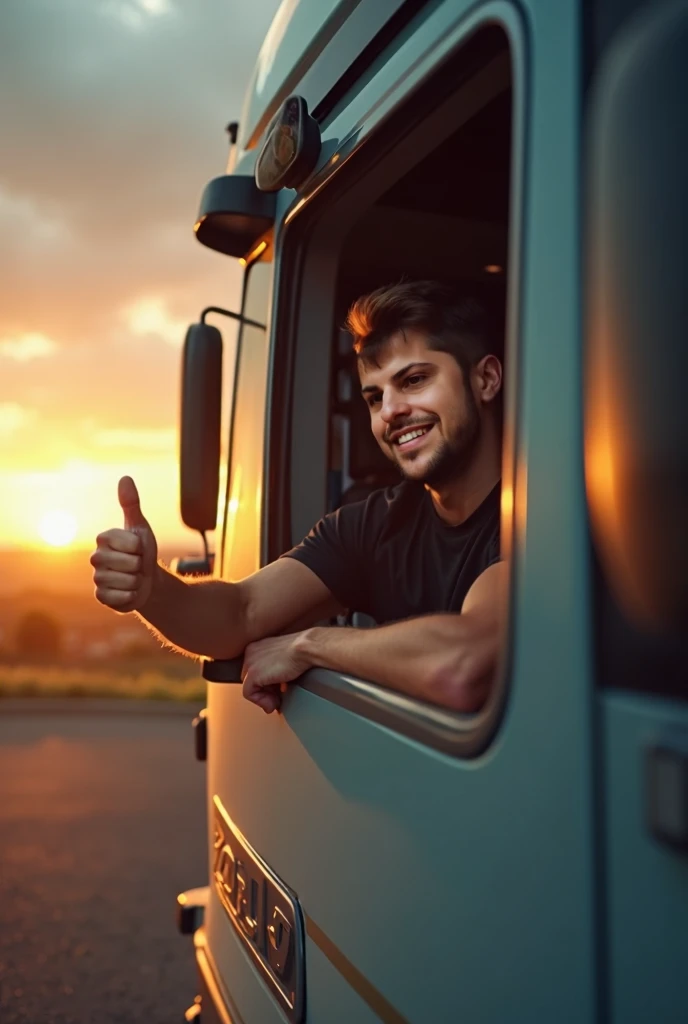 a man driving a truck making a thumbs up with his hand from the window, volvo fh, photography image, looking at the camera, relista, clear and happy image, canon, smile, healthy man 89 kg, 182 height, athletic, black shirt, quality in full hd details, suns...