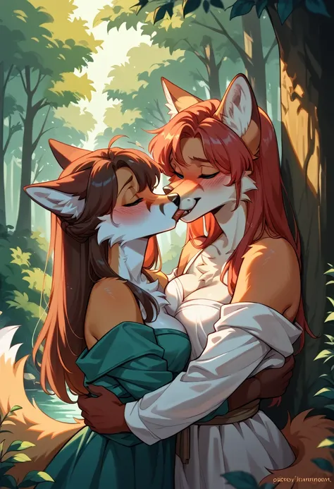 furry、 two women kiss、 deep kiss 、Lesbian、Kissing Scene、Fox、二人のFox、blush、 anime illustration、 realistic、 realisticアニメ、High image quality、high quality、romantic、In the forest、evening、Sunset