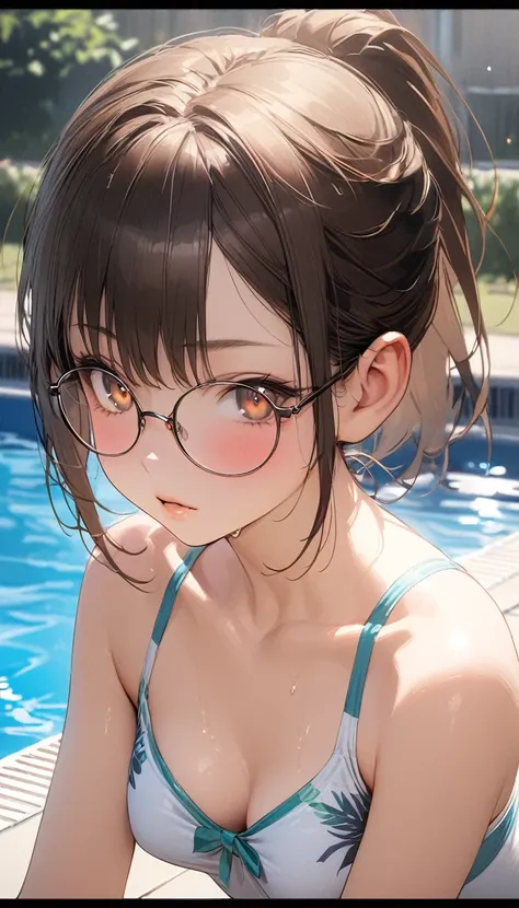 Best Quality, RAW photo, Realistic, face, 信じられないほど BEAUTIFUL GIRLS, cute, length Hair, ponytail，Glasses， written border depth,  Kampala, Super  Details,  Details, Very  Detailsed, extremely  Detailsed eye and face, Sharp pupils, Realistic students,  sharp ...