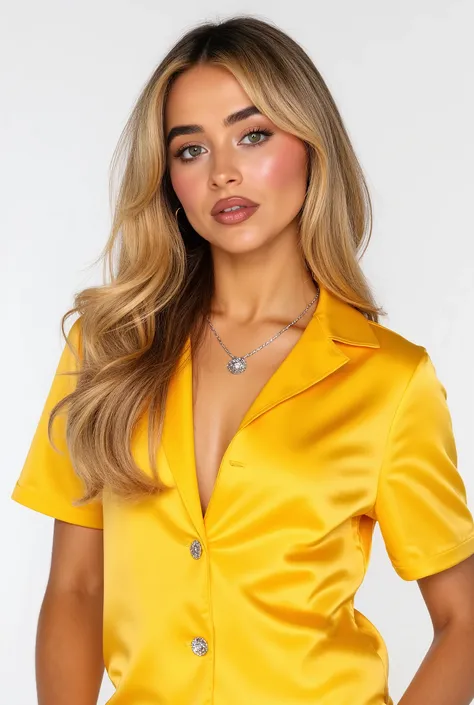 Sabrina Carpenter, American singer with an yellow satin shirt with medium breasts, promo shoot, white studio shoot