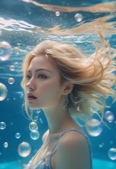 surreal details, beautiful underwater made of light, (beautiful blonde woman made of light looking into underwater camera lens_h...