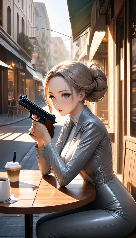 cool beauty and crazy secret agent , sitting at table in open-air cafe drinking latte while concealing small silenced pistol and aiming at her target, orange glossy silky messy half updo, forehead, make up, amorous and lewd expression, captivating eyes, co...