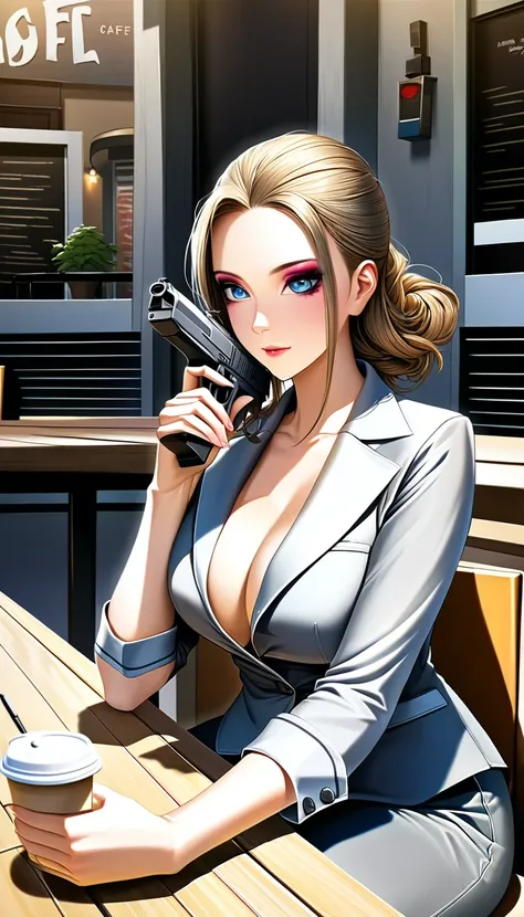 cool beauty and crazy secret agent , sitting at table in open-air cafe drinking latte while concealing small silenced pistol and aiming at her target, orange glossy silky messy half updo, forehead, make up, amorous and lewd expression, captivating eyes, co...