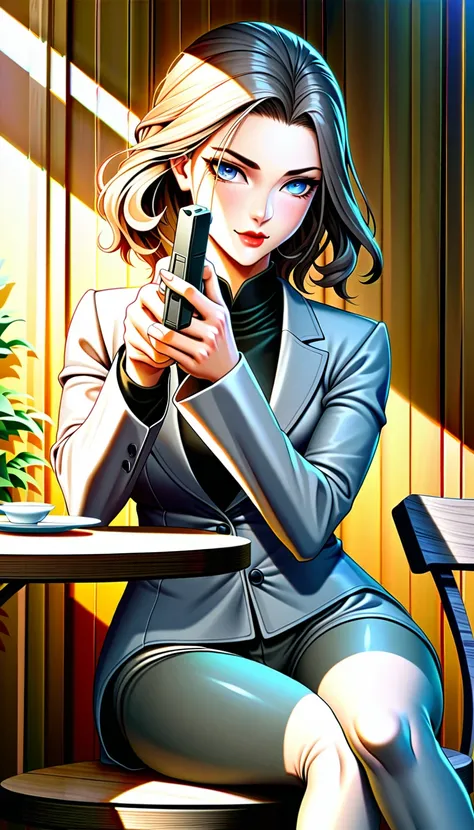 cool beauty and crazy secret agent , sitting at table in open-air cafe drinking latte while concealing small silenced pistol and aiming at her target, orange glossy silky messy half updo, forehead, make up, amorous and lewd expression, captivating eyes, co...