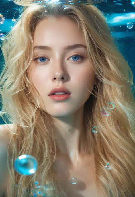 surreal details, beautiful underwater made of light, (beautiful blonde woman made of light looking into underwater camera lens_h...